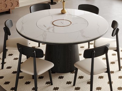 S10#圆桌，配岩板，实木面板 中间内嵌式语音智能暖菜板，电 - Room芯家居